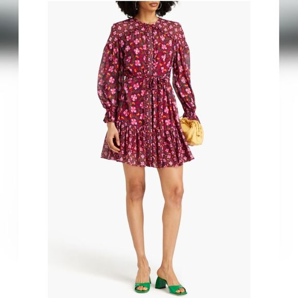 Saloni Pixie Silk Chiffon Floral Print Ruffled Mini Dress Size 6 Pink Red - Picture 2 of 16